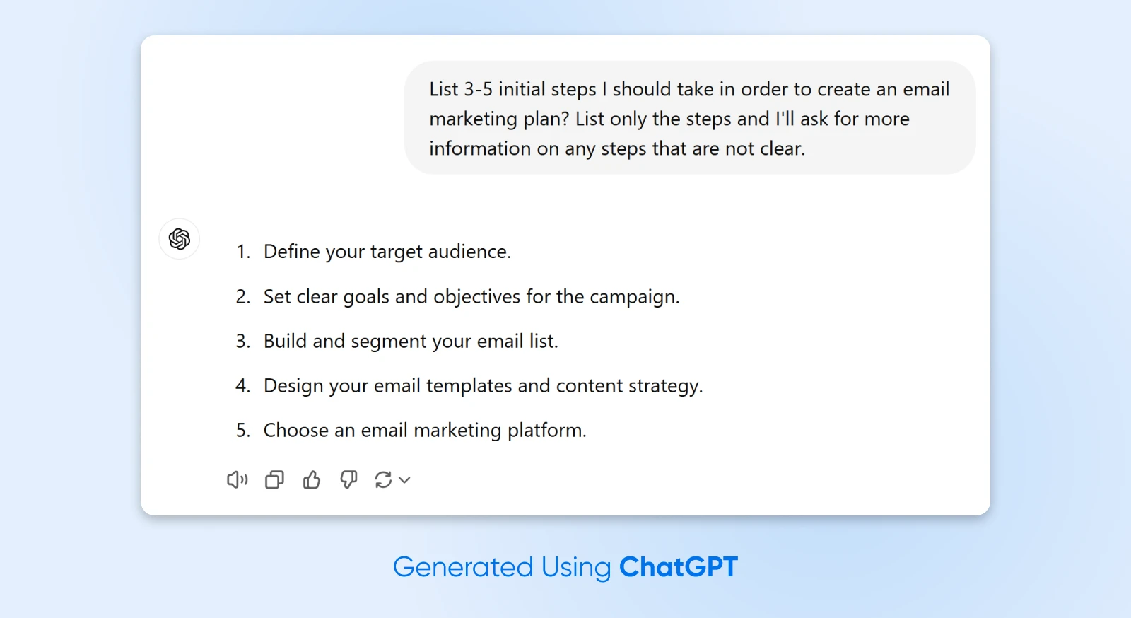 screenshot of a ChatGPT box with a prompt asking for steps needed to make an email marketing plan with a five step response from the AI